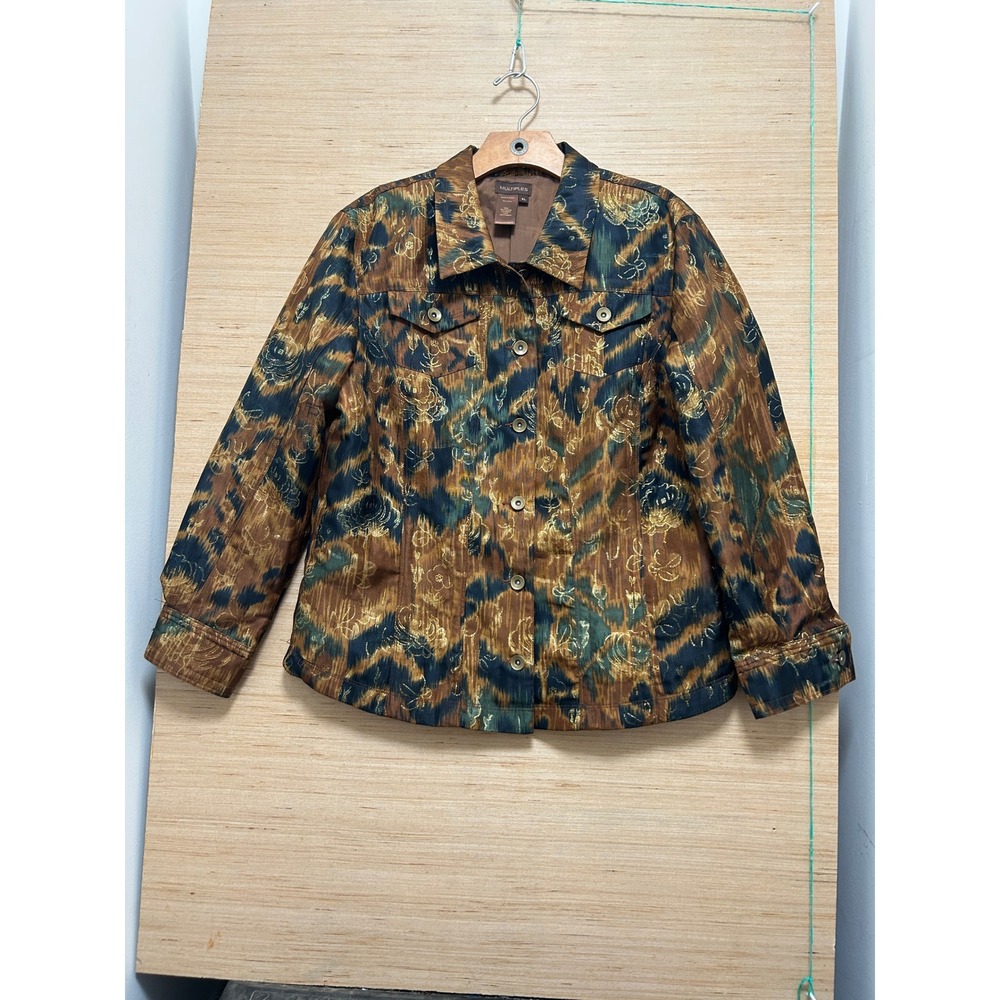 Multiples XL Metallic Gold Abstract Ikat Floral Button Front Jacket Brown Teal